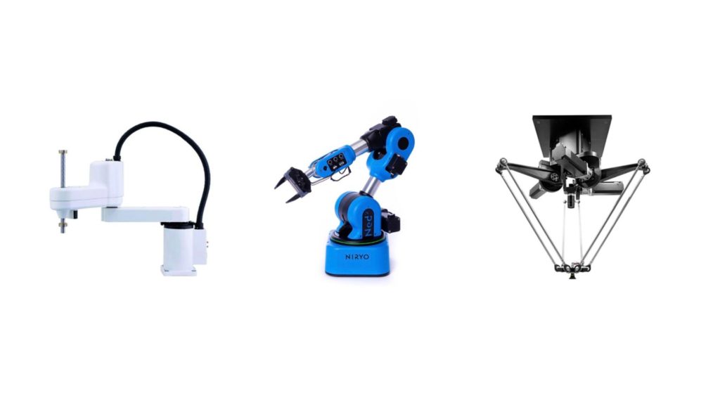 Image montrant trois petits robots : un delta, un scara et un robot collaboratif à six axes