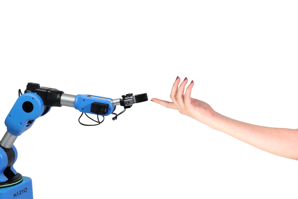 a blue six axis robot arm touching a human finger