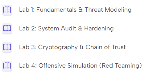 Structured cybersecurity training labs introducing threat modeling, system auditing and hardening, cryptography fundamentals, and offensive security simulations.
