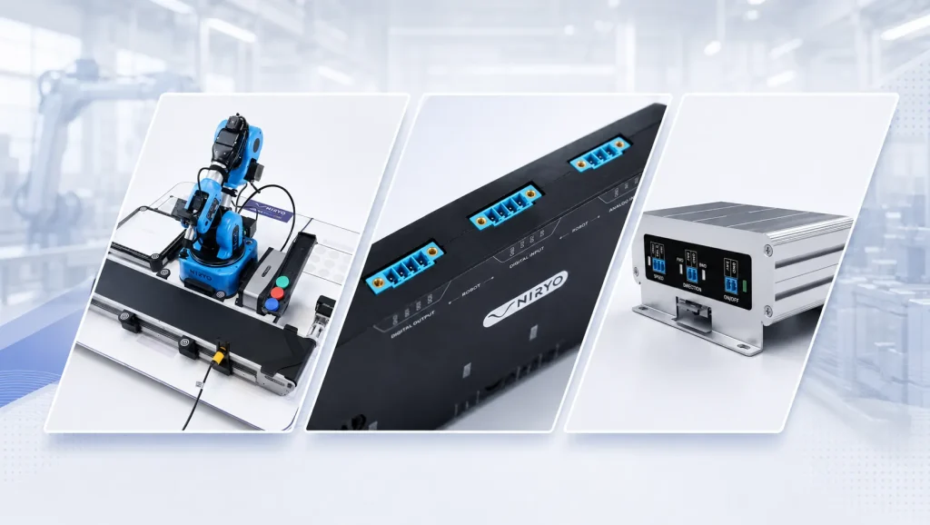 Train your students at industrial automation through PLC control via the Ned2 robot, a conveyor and I/O adapters 5V/24V.